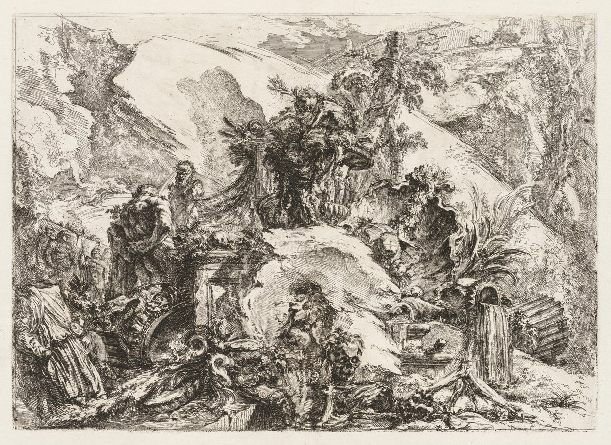 Groteschi: Deaths Head ve Skeleton ile Harabeler. by Giovanni Battista Piranesi