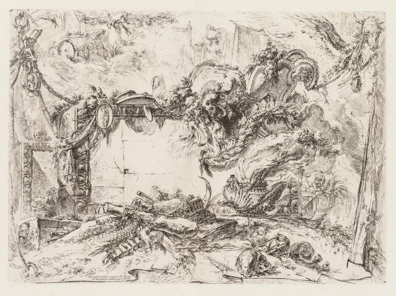 Groteschi: Kafatasları ve Duman Vazolu Harabeler by Giovanni Battista Piranesi