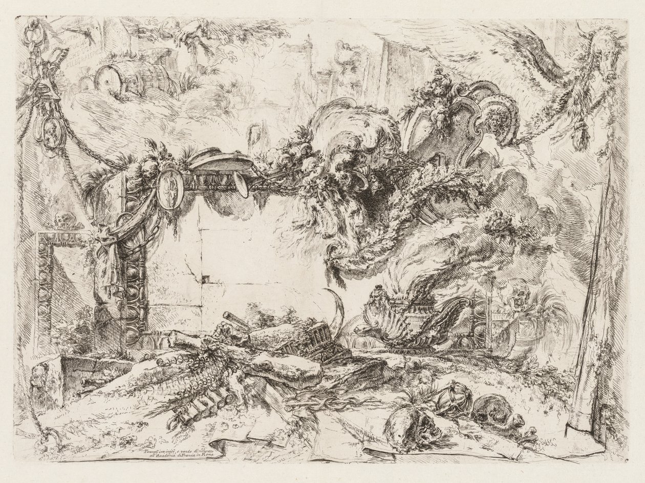 Groteschi: Kafatasları ve Duman Vazolu Harabeler, yak. 1745-50. by Giovanni Battista Piranesi