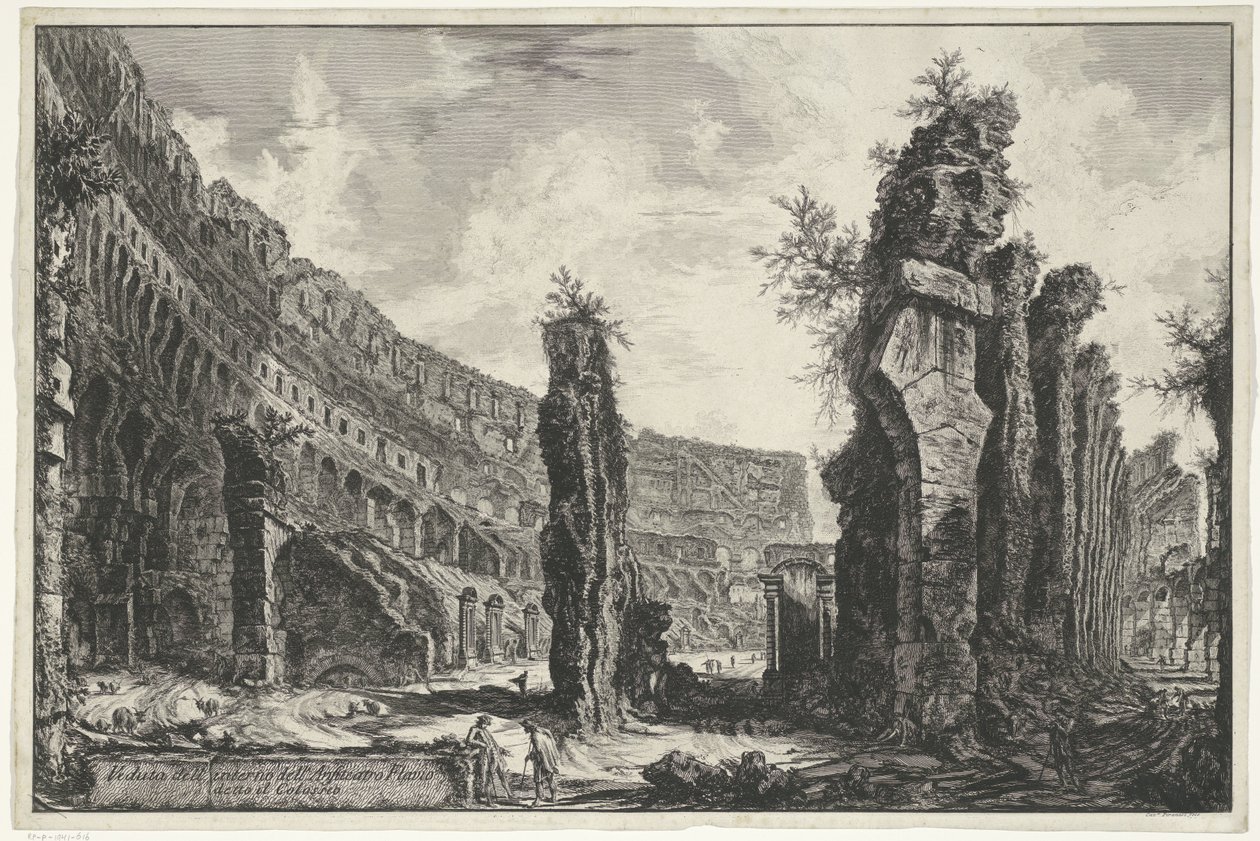 Interieur van het Colosseum te Rome Colosseum olarak bilinen Flavian Amfitiyatrosu'nun iç görünümü (nesne üzerindeki başlık) Gezichten op Rome (dizi başlığı) Giambattista Piranesi mimarı Ve (nez) iano (dizi başlığı) tarafından tasarlanmış ve oyulmuş Ro by Giovanni Battista Piranesi