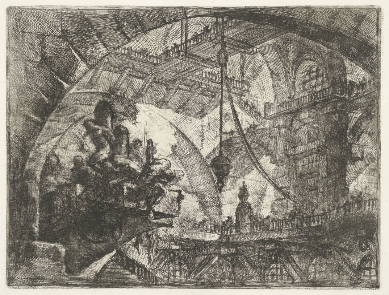 Çıkıntılı platformda mahkumlarla zindan Zindanlar (dizi adı) Invenzioni Capric di Carceri all Acqua Forte (seri başlığı) by Giovanni Battista Piranesi