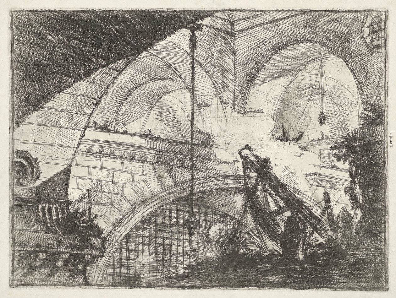 Kaldırma kurulumlu zindan Kabuk süslemeli kemer Zindanlar (seri başlığı) Invenzioni Capric di Carceri all Acqua Forte (seri başlığı) by Giovanni Battista Piranesi