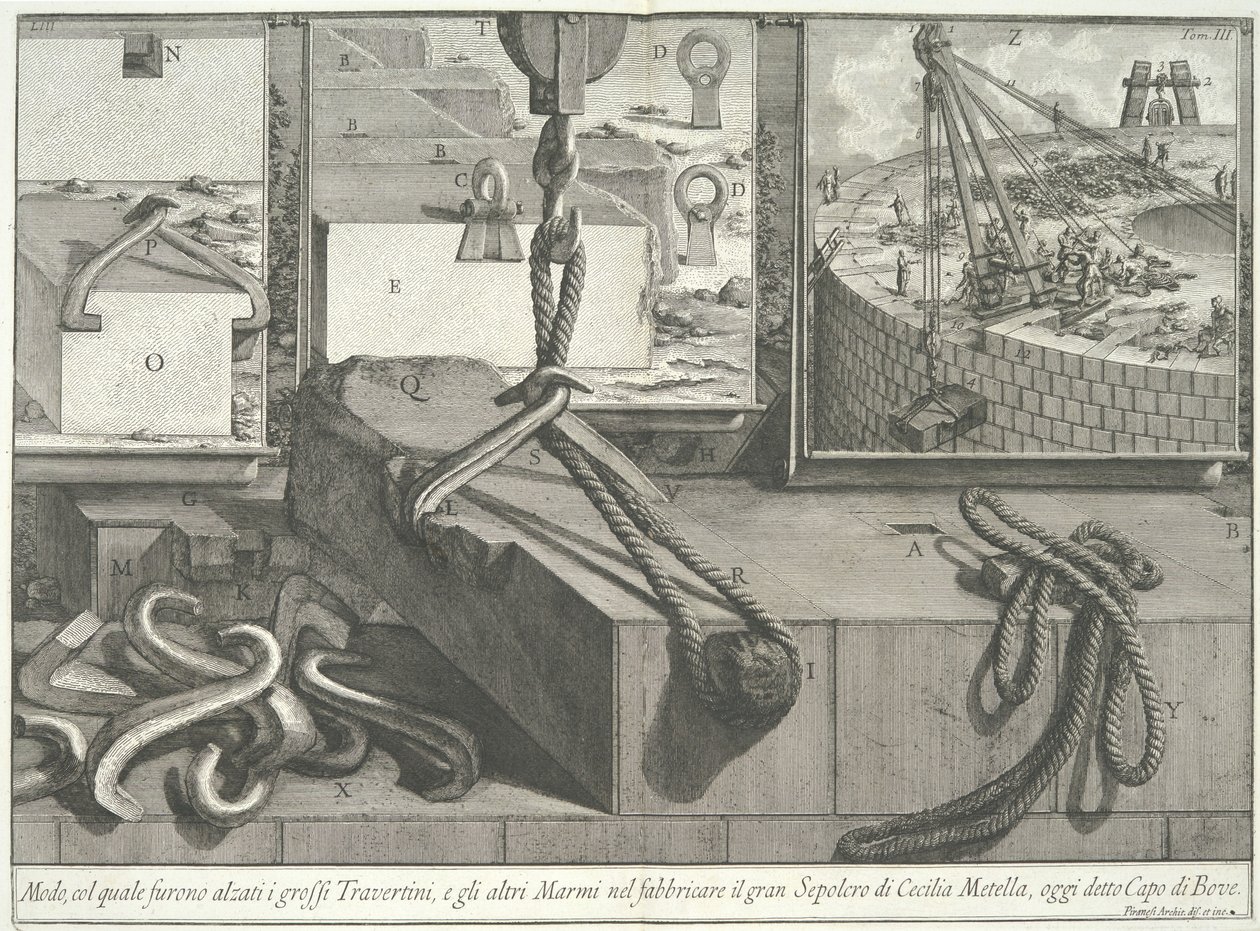 Büyük traverten ve mermer bloklarının kaldırıldığı araçlar..., 1756-57. by Giovanni Battista Piranesi