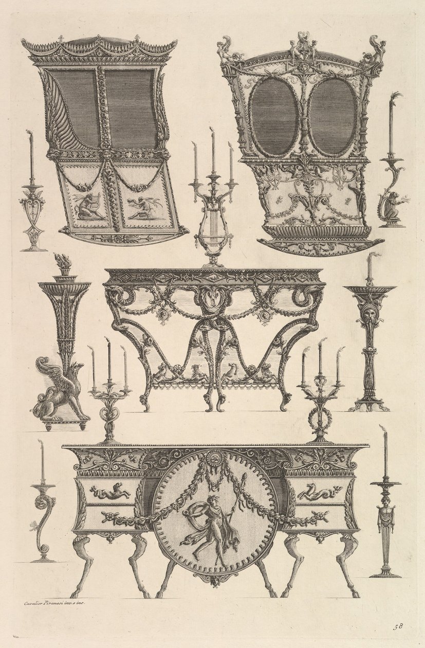İki sedan sandalye, bir yan sehpa ve bir komodin Deux c..., ca. 1769. by Giovanni Battista Piranesi
