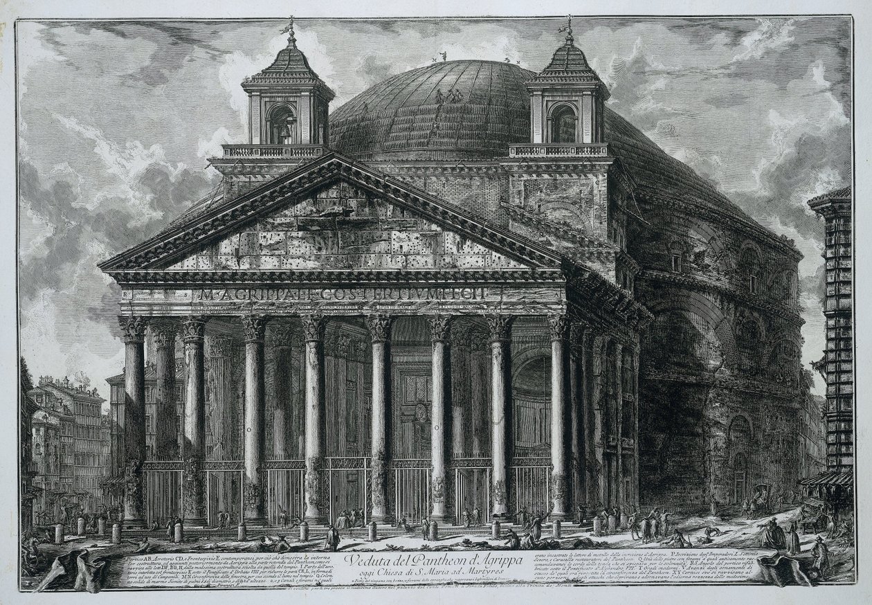 Panteon ve Roma Agrippa Panteonunun bugünkü görünümü S. Maria ad Martyres Kilisesi (nesne üzerindeki başlık) Gezichten op Roma (dizi adı) Giambattista Piranesi mimarı Ve (nez) iano tarafından tasarlanan ve işlenen Roma manzaraları (seri başlığı) by Giovanni Battista Piranesi