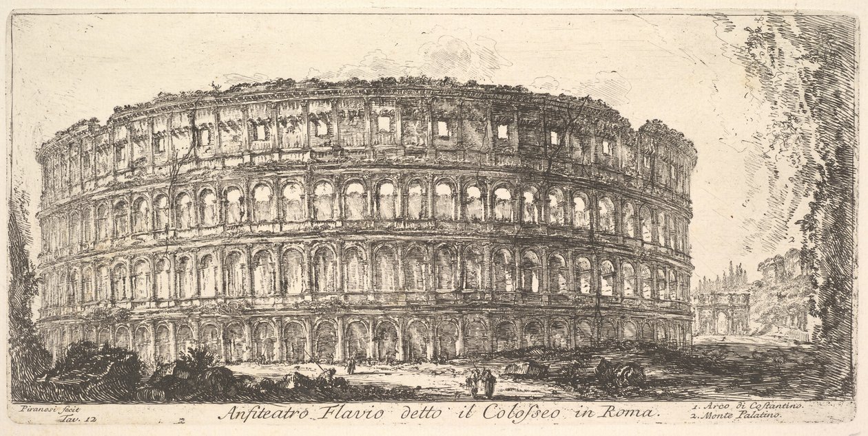 Levha 12: Kolezyum olarak adlandırılan Flavian Amfitiyatrosu. 1. Konstantin Kemeri. 2. Palat..., yakl. 1748. by Giovanni Battista Piranesi