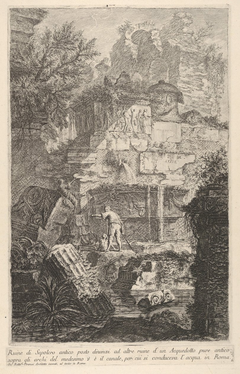 Levha 6: Kemerin üzerinde, eski bir su kemeri kalıntılarının önündeki eski bir mezarın kalıntıları..., 1743. by Giovanni Battista Piranesi