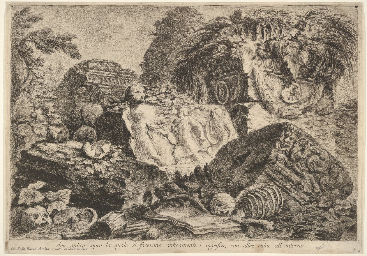 Levha 7: Antik çağda üzerinde kurbanların sunulduğu antik sunak, diğerleriyle çevrili..., 1743. by Giovanni Battista Piranesi