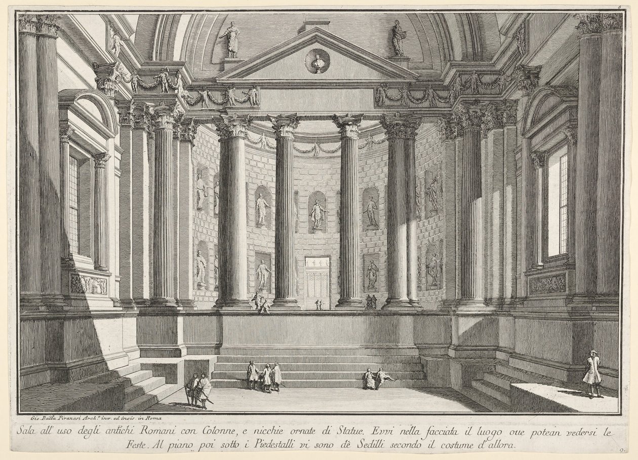 Levha 9: Eski Romalıların adetlerine göre sütunlu salon ve süsleyen nişler..., 1743. by Giovanni Battista Piranesi