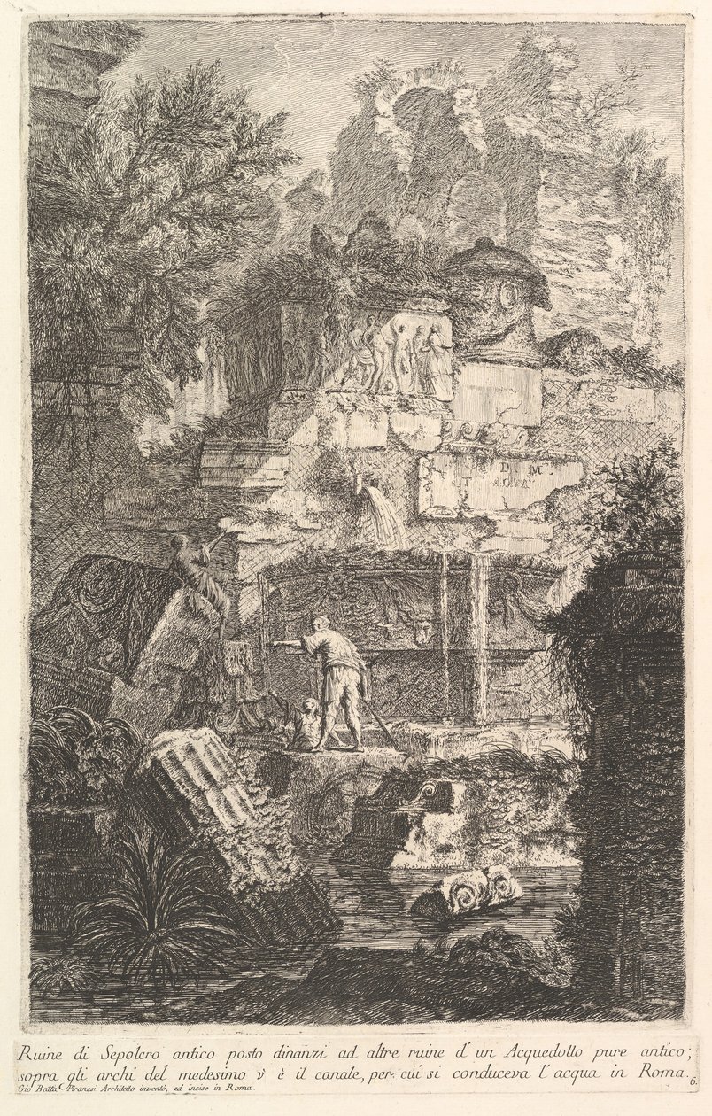 Eski bir su kemeri kalıntılarının önündeki eski bir mezarın kalıntıları Ruine di Sepolcro a..., ca. 1750. by Giovanni Battista Piranesi