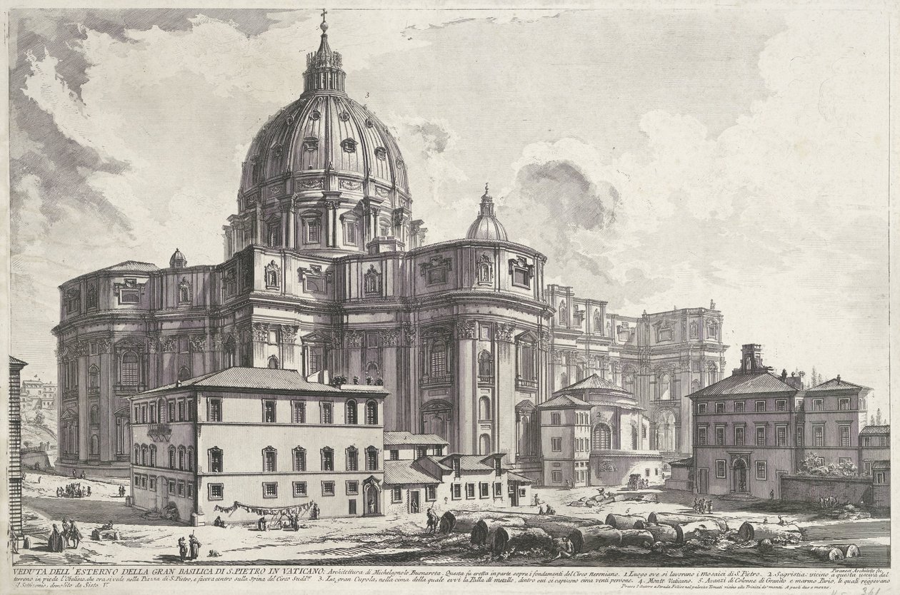 Sint-Pietersbasiliek vanaf Piazza della Sacrestia Vatikan'daki büyük Aziz Petrus Bazilikası'nın dış görünümü (nesne üzerindeki başlık) Gezichten op Rome (dizi başlığı) Giambattista Piranesi mimar Ve (nez) iano (ser) tarafından tasarlanmış ve oyulmu by Giovanni Battista Piranesi