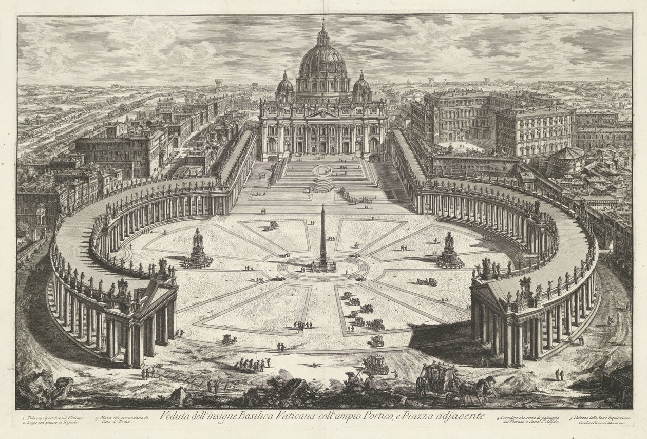 Sint-Pietersplein, Sint-Pietersbasiliek te Vaticaanstad ile bir araya geldi Büyük Portiko ve bitişik Piazza (nesne üzerindeki başlık) ile seçkin Vatikan Bazilikası'nın görünümü Gezichten op Rome (dizi başlığı) Giambattista Piranesi yayı tarafından çizi by Giovanni Battista Piranesi