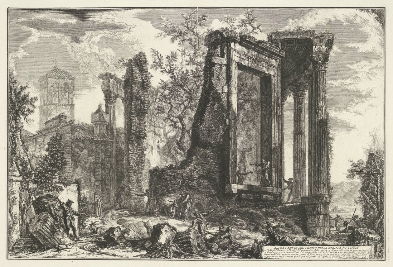 Tempel van Vesta en de Tempel van de Tiburtijnse Tivoli'deki Sibille Tivoli'deki Sibyl Tapınağı'nın Diğer Görünümü (nesne üzerindeki başlık) Gezichten op Roma (dizi başlığı) Giambattista Piranesi mimar Ve (nez) iano tarafından tasarlanmış ve oy by Giovanni Battista Piranesi