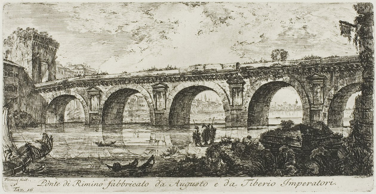 İmparatorlar Augustus ve Tiberius tarafından inşa edilen Rimini Köprüsü, Zafer Kemerlerinin Bazı Görünümlerinden ve diğer anıtlardan 16. levha by Giovanni Battista Piranesi