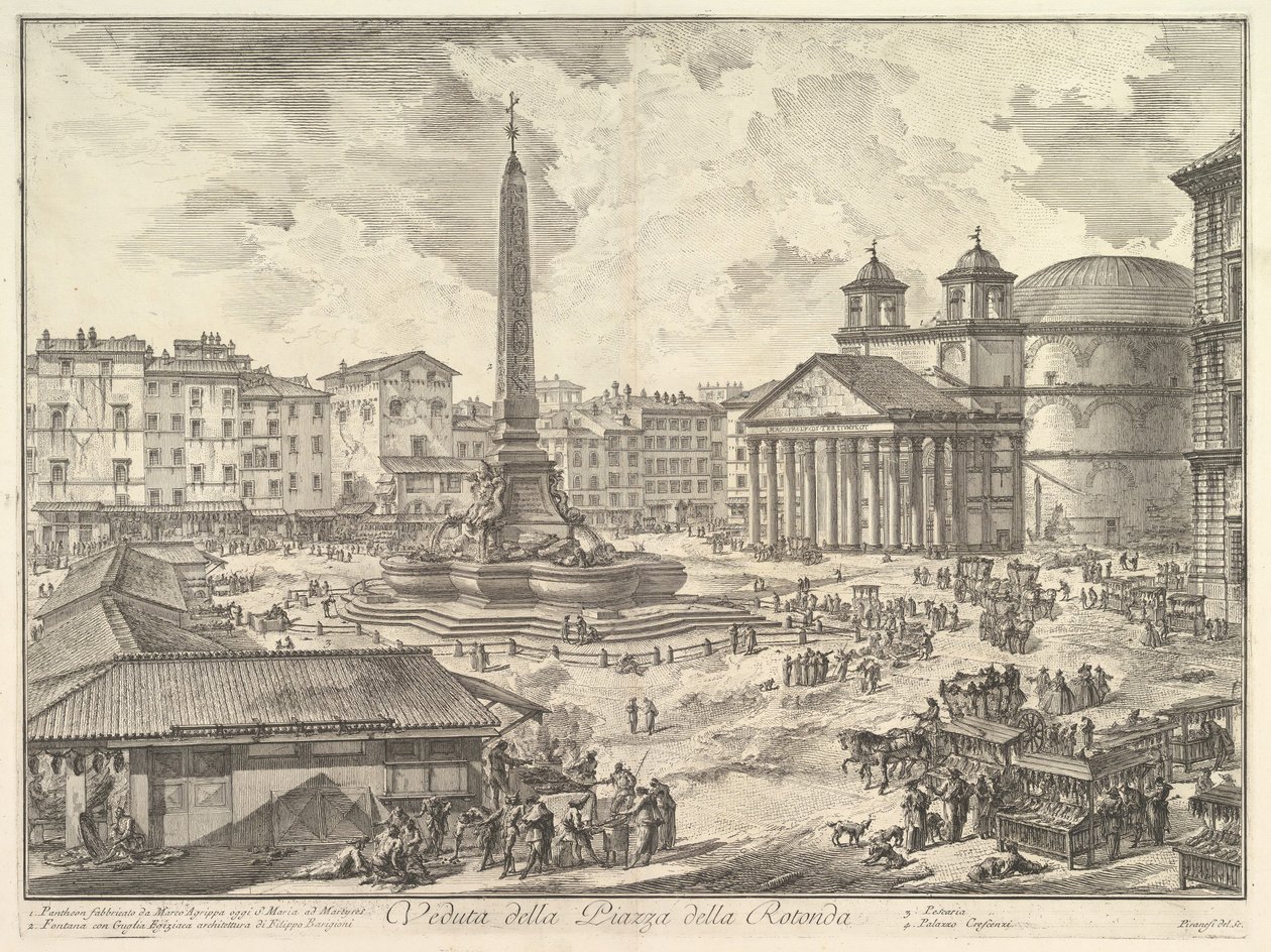 Panteon ve Dikilitaş Manzaralı Piazza della Rotonda, Piazza della Rot ..., ca. 1751. by Giovanni Battista Piranesi