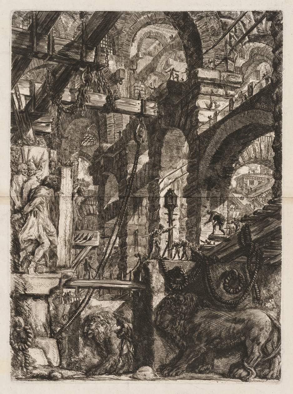Hapishaneler: Ön Planda Taş Levhalar Üzerine Rölyef Oyulmuş İki Aslan ile Roma Kemerlerine Bir Bakış by Giovanni Battista Piranesi