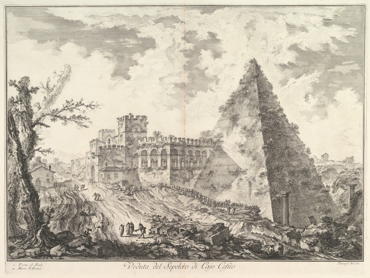 Caius Cestius Piramidi, Porta S. Paolo ve bitişiğindeki Veduta del S..., yaklaşık. 1755. by Giovanni Battista Piranesi