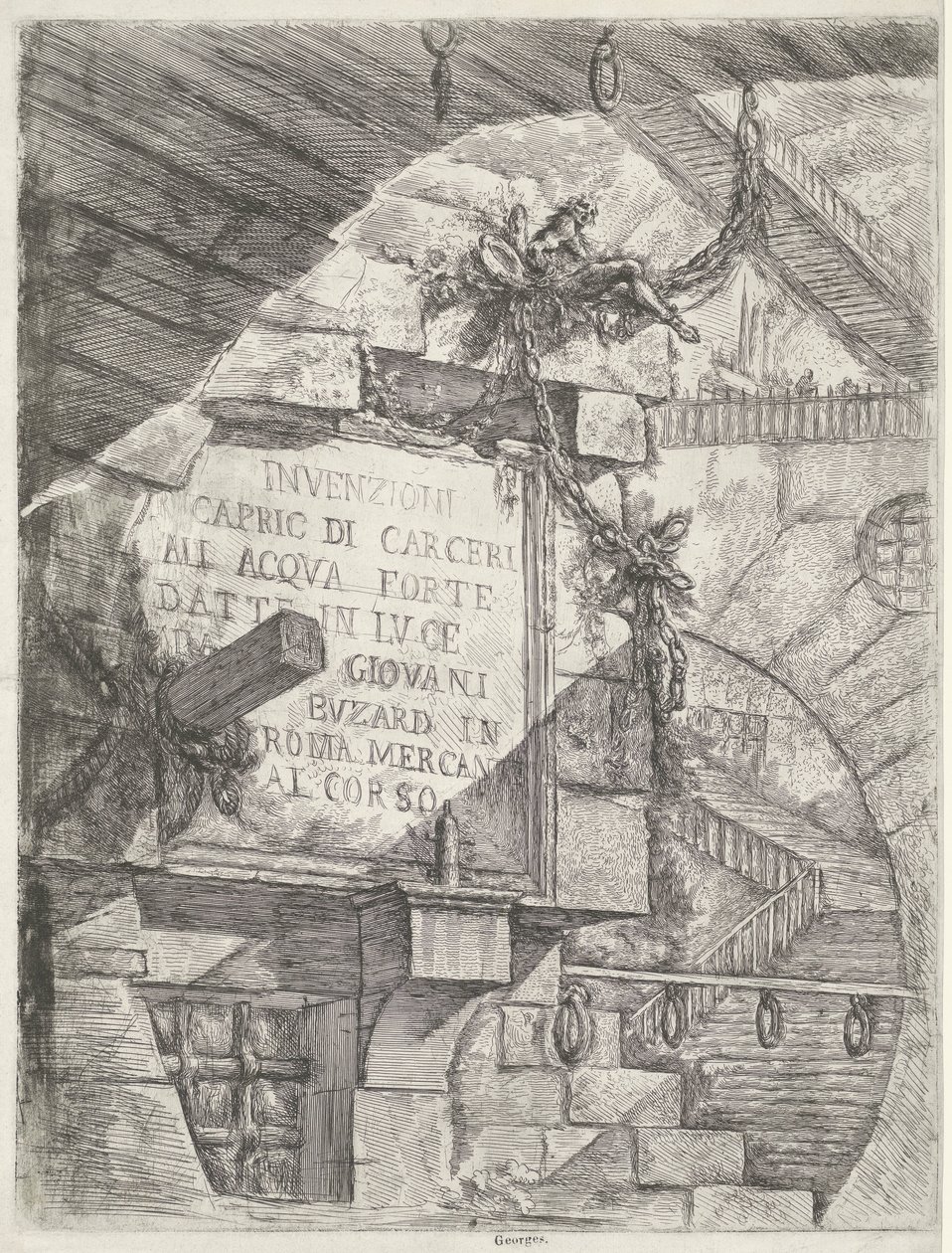 Zindanda yüz ve duvarda başlık ile başlık baskısı Zindanlar (dizi adı) Invenzioni Capric di Carceri all Acqua Forte (nesne üzerinde seri başlığı) by Giovanni Battista Piranesi