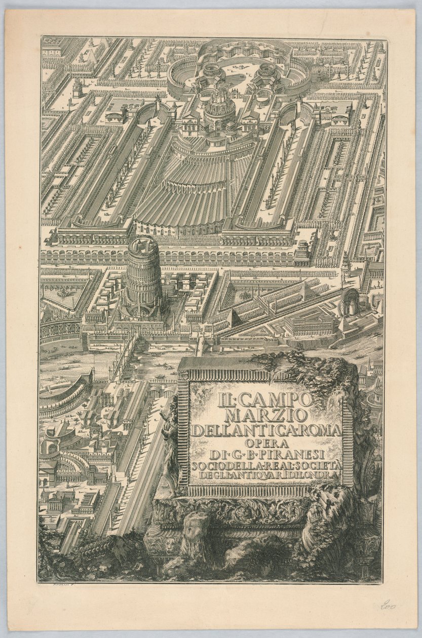 Başlık sayfası, "Giovanni Battista Piranesi'nin Tüm Eserleri"nin 20. bölümünden "Antik Roma'nın Campo Marzio'su" by Giovanni Battista Piranesi