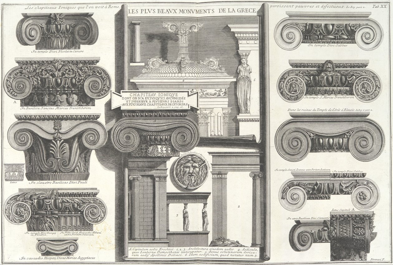 Yunan örnekleriyle karşılaştırıldığında çeşitli Roma İon başlıkları..., 18. yüzyılın ortaları. by Giovanni Battista Piranesi