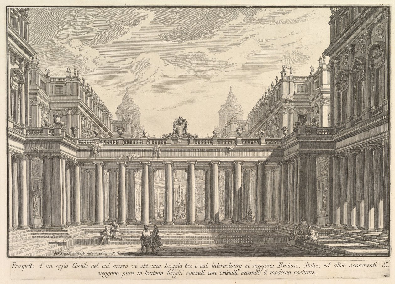 Bir sundurma, çeşmeler, heykeller ve diğer süs eşyaları ile bir avlunun görünümü Prospetto ..., yakl. 1750. by Giovanni Battista Piranesi