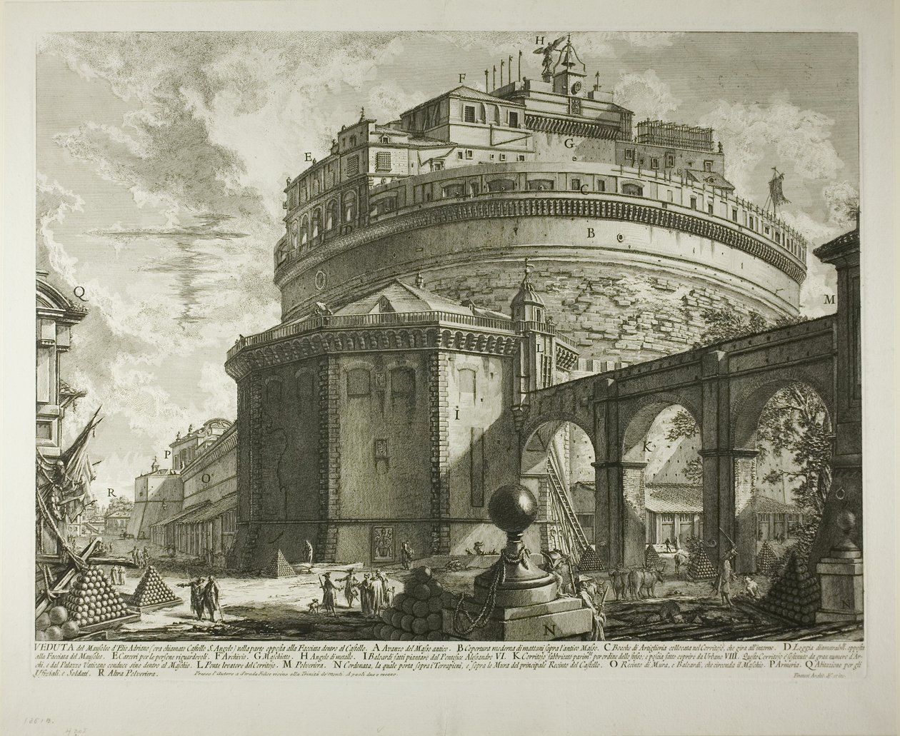 İmparator Hadrian'ın Mozolesi'nin (şimdiki adıyla Castel Sant'Angelo) Arkadan Görünümü, Vedute di Roma'dan (Roma Manzaraları) by Giovanni Battista Piranesi