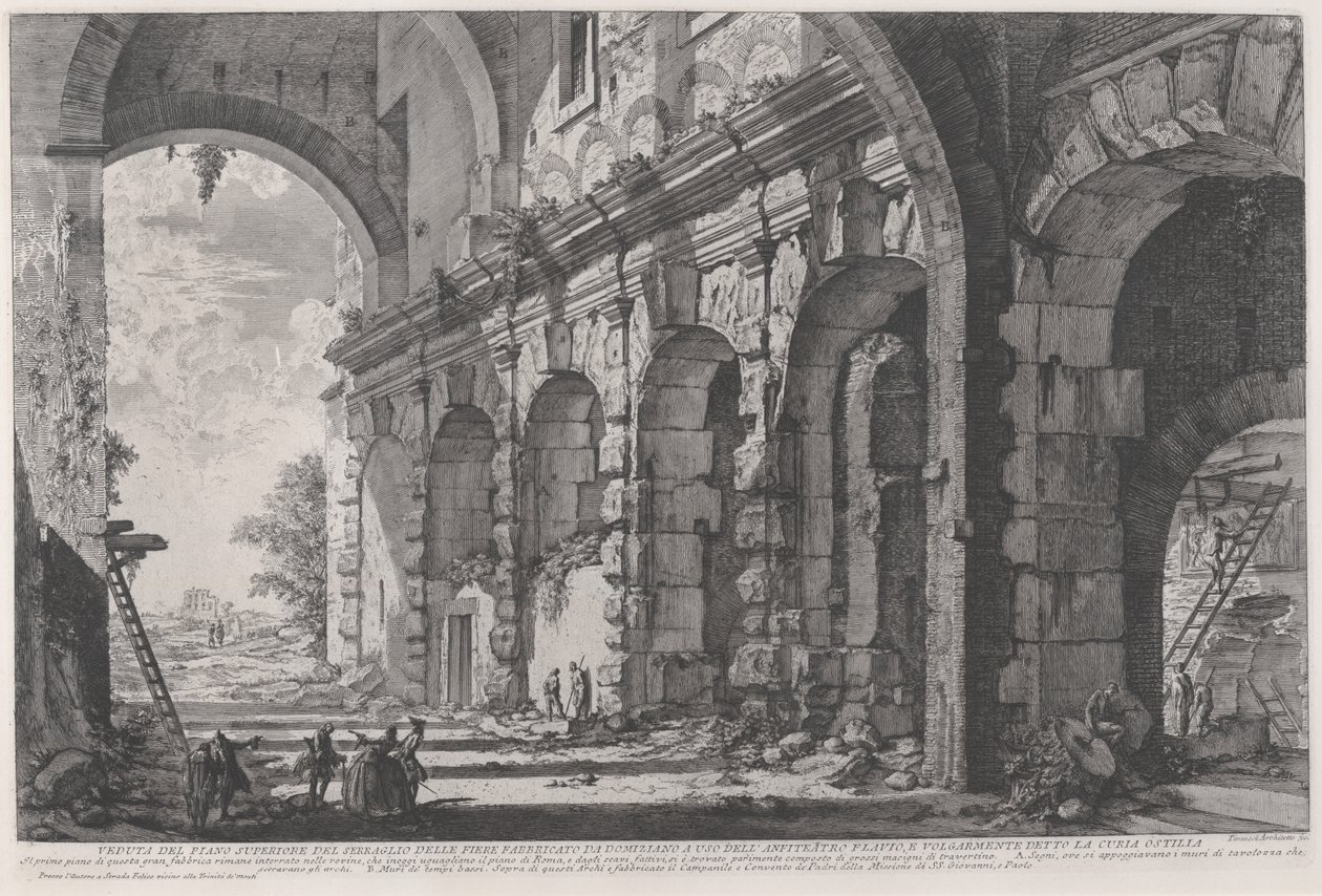 İmparator Domitian tarafından inşa edilen, Flavian Amfitiyatrosu ile ilişkilendirilen ve genellikle Curia Hostilia olarak adlandırılan Vahşi Hayvanlar Kafeslerinin üst katının görünümü, c.1760-1778 (gravür) by Giovanni Battista Piranesi