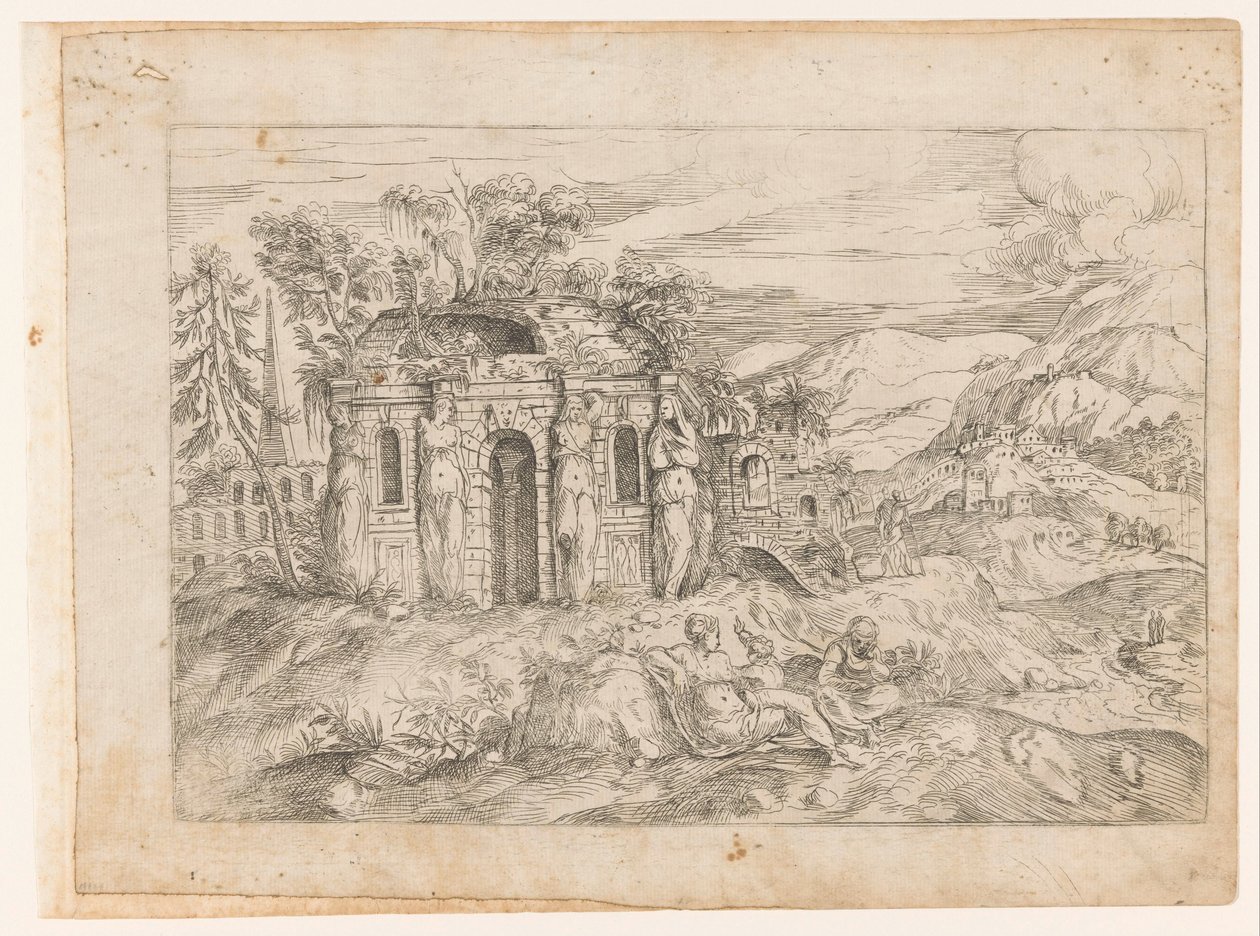 Karyatidler ile antik tapınak ile manzara by Giovanni Battista Pittoni (I) (attributed to)