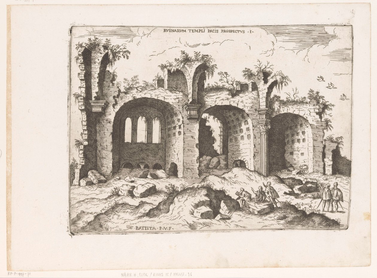 Gezicht op de Basilica van Maxentius te Roma Ruinarum Barış Tapınağı Prospektüsü (nesne üzerindeki başlık) Romeinse Ruïnes (dizi başlığı) Antik Roma Dönemi Harabe Anıtları Üzerine Notlar (...) (dizi başlığı) by Giovanni Battista Pittoni (I)