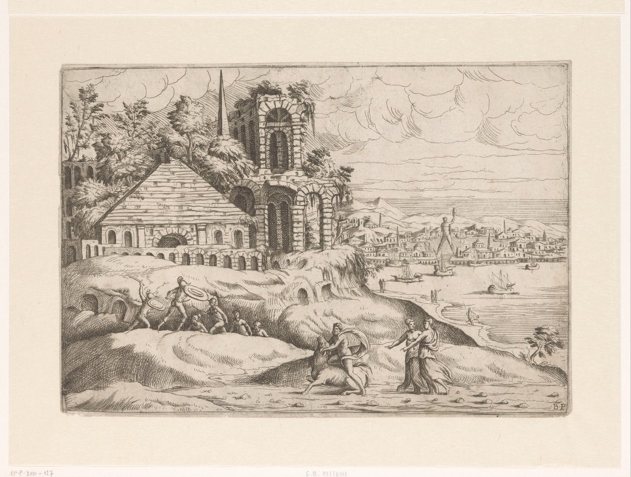 Antik kalıntılar ve Rodos Heykeli ile manzara Kalıntıları olan manzaralar (dizi başlığı) by Giovanni Battista Pittoni (I)