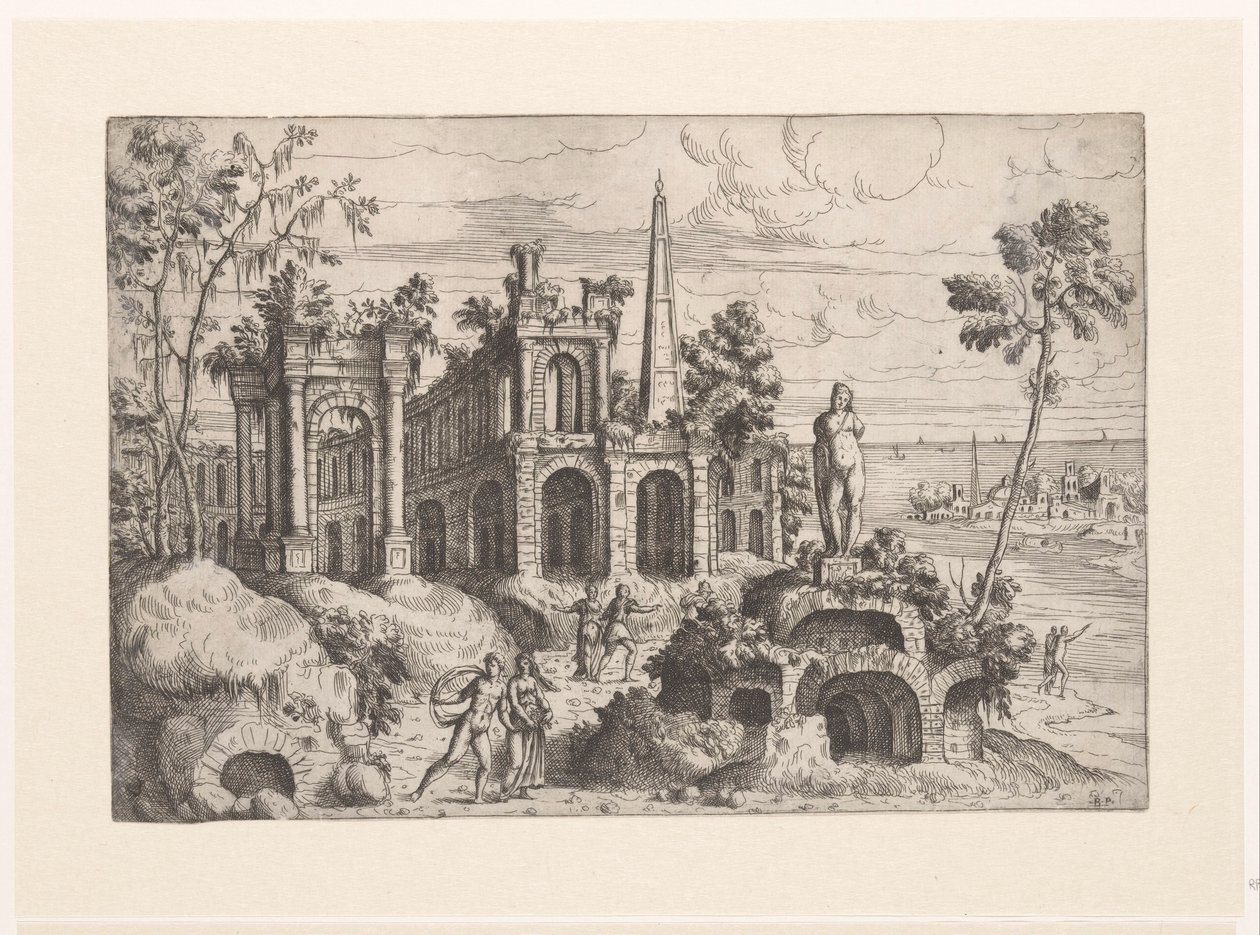 Antik kalıntılar, heykel ve dikilitaş ile manzara Kalıntıları olan manzaralar (dizi başlığı) by Giovanni Battista Pittoni (I)