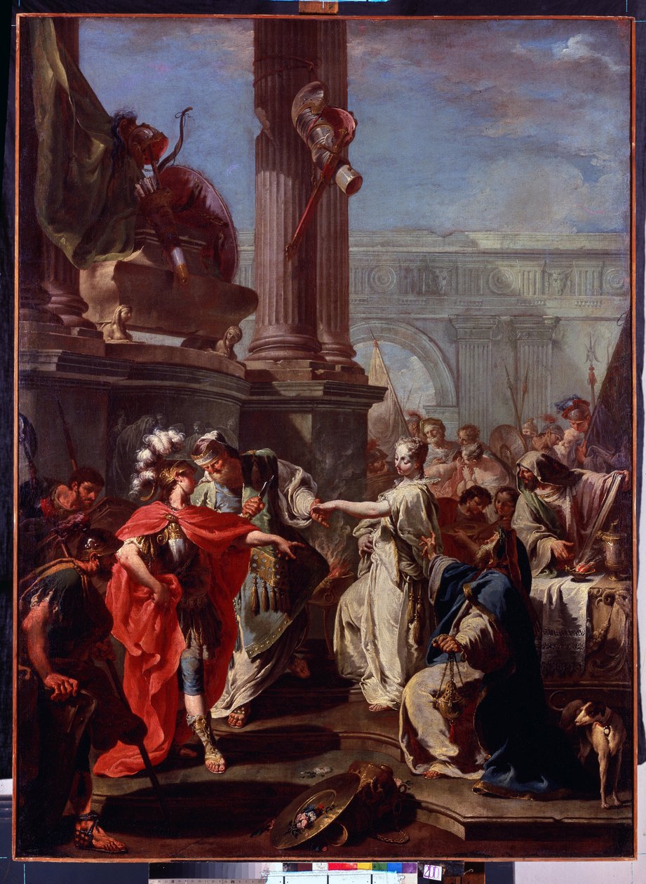 La kurban de Polyxene (Poliksen'in Kurbanı). Polyxene par Neoptoleme'nin yakılması, Yunan kahramanı sur le tombeau d'Achille. Peinture de Giambattista (Giovan Battista) (Giovanni Battista) Pittoni (1687-1767), ayet 1730. Huile sur toile. gelme  by Giovanni Battista Pittoni