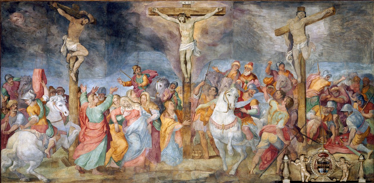 Haç üzerinde Çarmıha Gerilme Inri (I.N.R.I.) yazısı. Yanlarda, iyi hırsız (Aziz Dismas (veya Dysmas, Dimas, Dumas da denir) ve kötü hırsız (Gesmas veya Gestas olarak da adlandırılır), İsa Mesih ile çarmıha gerilmiş iki hırsızın temsili. Fresco by Giovanni  by Giovanni Battista Ricci
