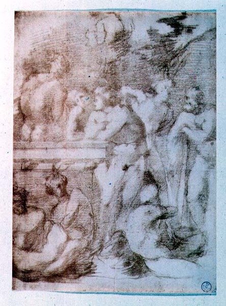 Çıplak erkeklerin konuşmada incelenmesi (kırmızı tebeşir) by Giovanni Battista Rosso Fiorentino