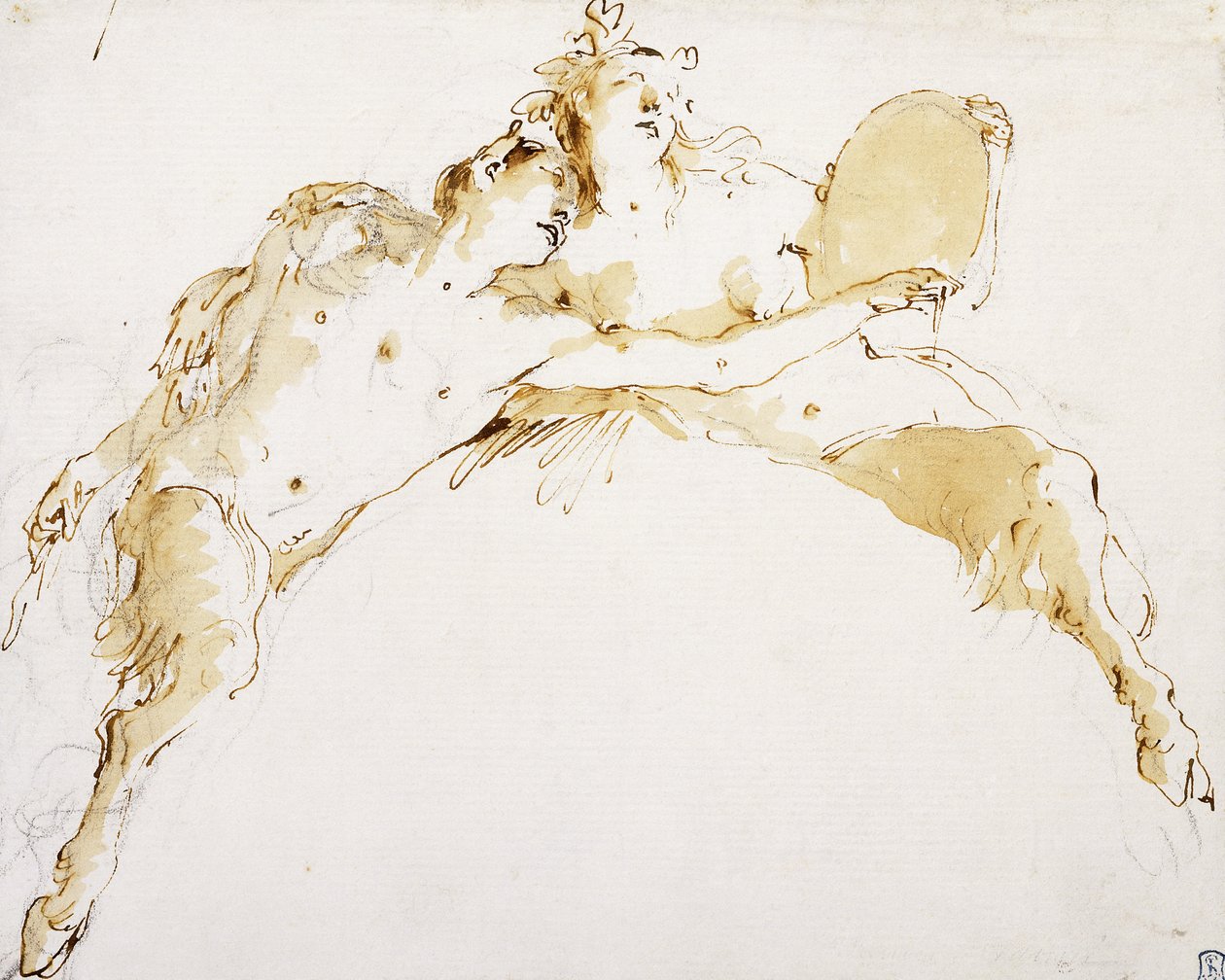 Bir Faun, Uzanmış Sol Kolu ve Tambur tutan bir Fauness, by Giovanni Battista Tiepolo