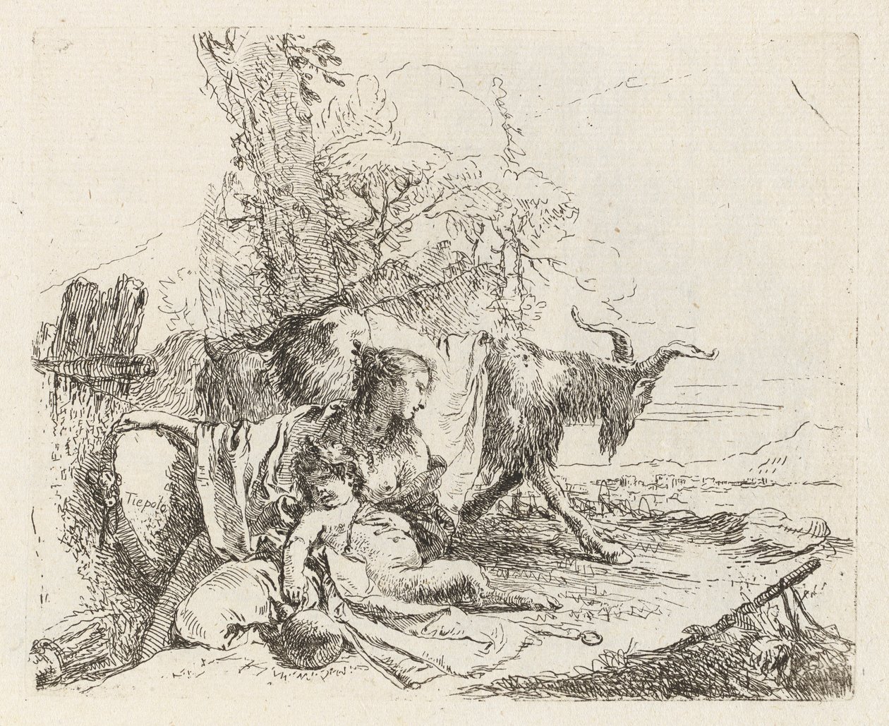 Vari capricci'den (Çeşitli Capriccios) Küçük Satyr ve İki Keçili Bir Peri by Giovanni Battista Tiepolo