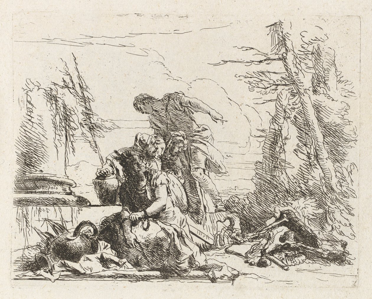 Vari capricci'den (Çeşitli Capriccios) Kolları Zincirli Bir Kadın ve Diğer Dört Figür by Giovanni Battista Tiepolo