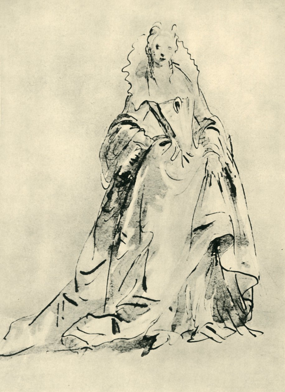 Yüksek yakalı ve sivri korsajlı bir elbise giyen bir bayan, 18. yüzyılın başları, 1943. by Giovanni Battista Tiepolo