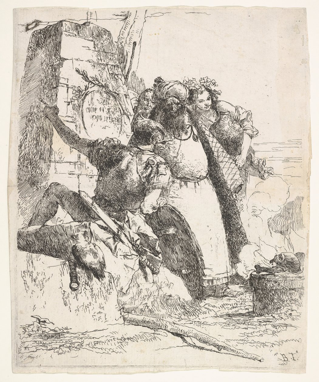 Bir büyücülük sahnesi: bir gemi taşıyan bir kadın, sarıklı bir adam ve bir asker bakışı..., yaklaşık. 1743-57. by Giovanni Battista Tiepolo