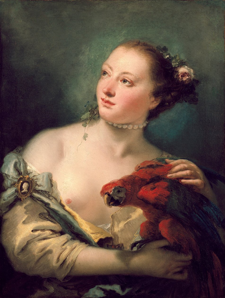 Amerika papağanı olan genç bir kadın, 1760 sonlarında by Giovanni Battista Tiepolo