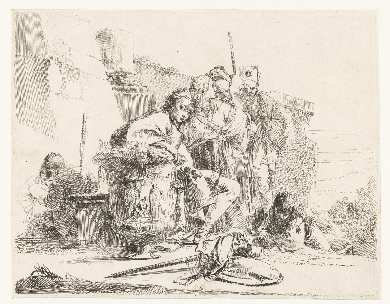 Diğer İnsanlarla Bir Vazonun Yanında Oturan Çocuk by Giovanni Battista Tiepolo