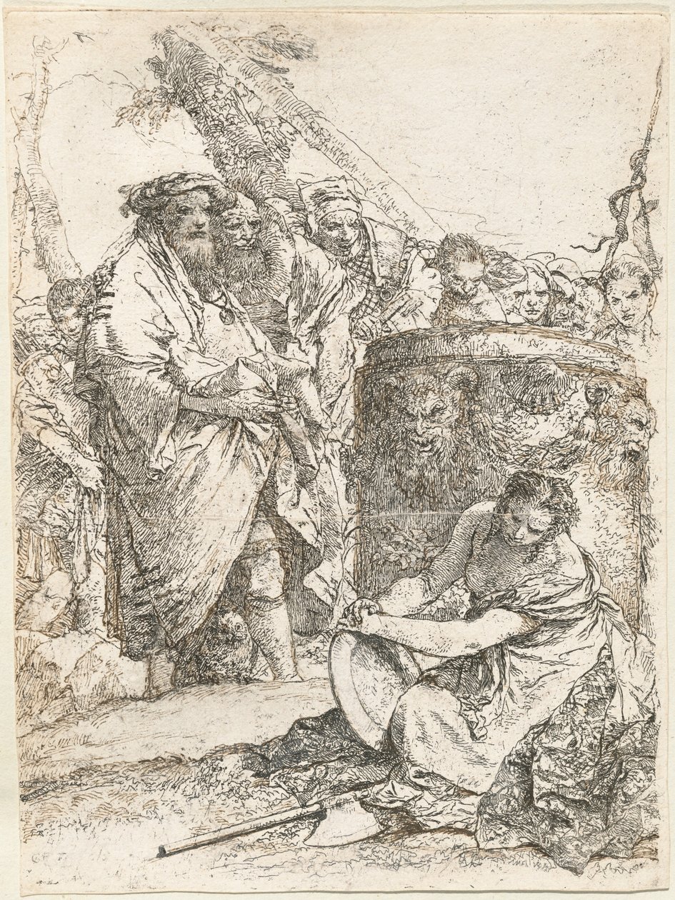 Kafatası ve Kemiklerle Yanan Bir Sunağın Önünde Sihirbaz ve Diğer Figürler by Giovanni Battista Tiepolo