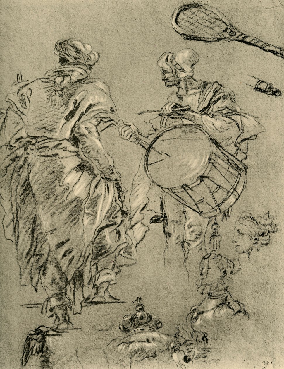 Arkadan görülen adam, davulcu ve küçük çalışmalar, 1751-1752, 1928 by Giovanni Battista Tiepolo