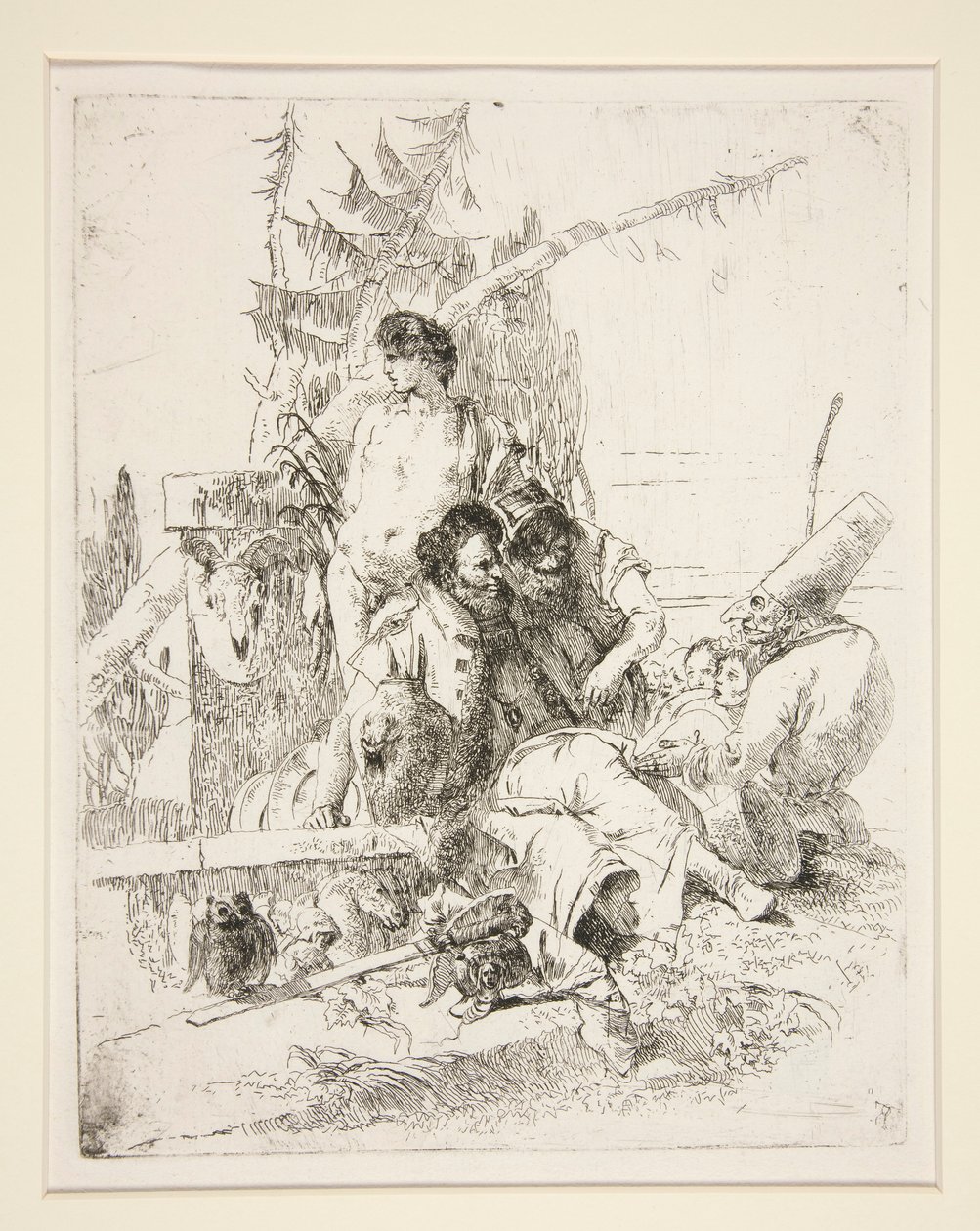 Punchinello, Scherzi di Fantasia dizisinden iki sihirbazla konuşuyor by Giovanni Battista Tiepolo
