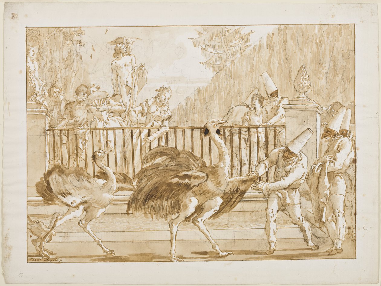 Punchinello with the Devekuşları, c.1800 (kalem ve açık kahverengi mürekkep (muhtemelen bistre) ve serilmiş kağıt üzerine siyah tebeşir üzerine fırçayla yıkama) by Giovanni Battista Tiepolo