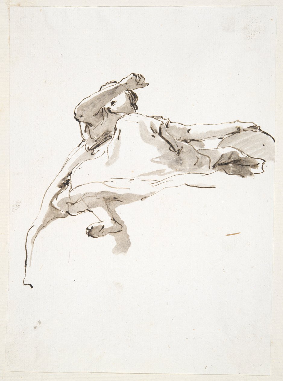 Uzanmış kadın figürü, sol eli kürenin üzerinde, sağ kolu yüzünün önünde kaldırılmış, aşağıdan görülüyor by Giovanni Battista Tiepolo