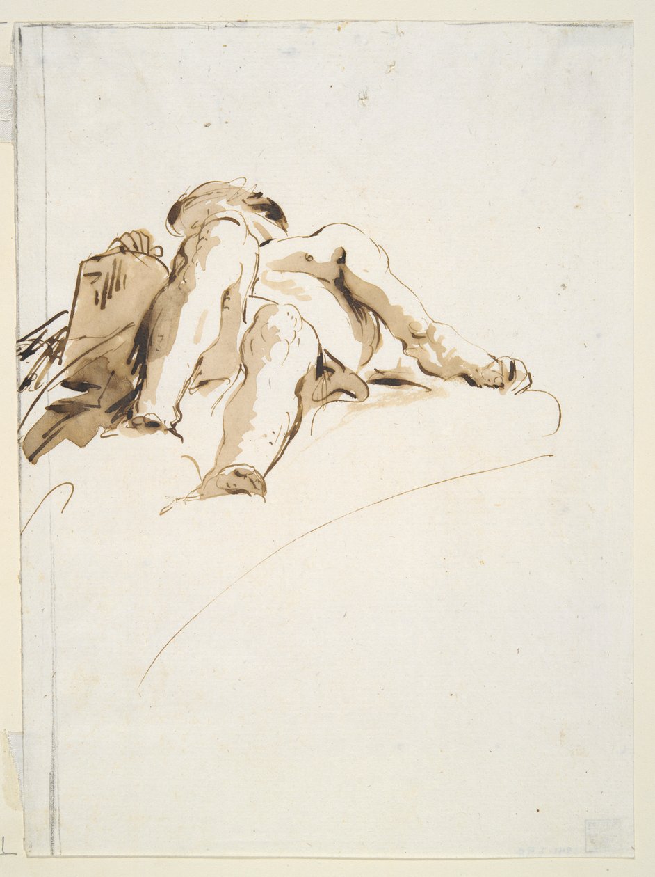 Aşağıdan görülen bir taş tablet üzerinde oturan sağ eli ile uzanmış erkek çıplak by Giovanni Battista Tiepolo