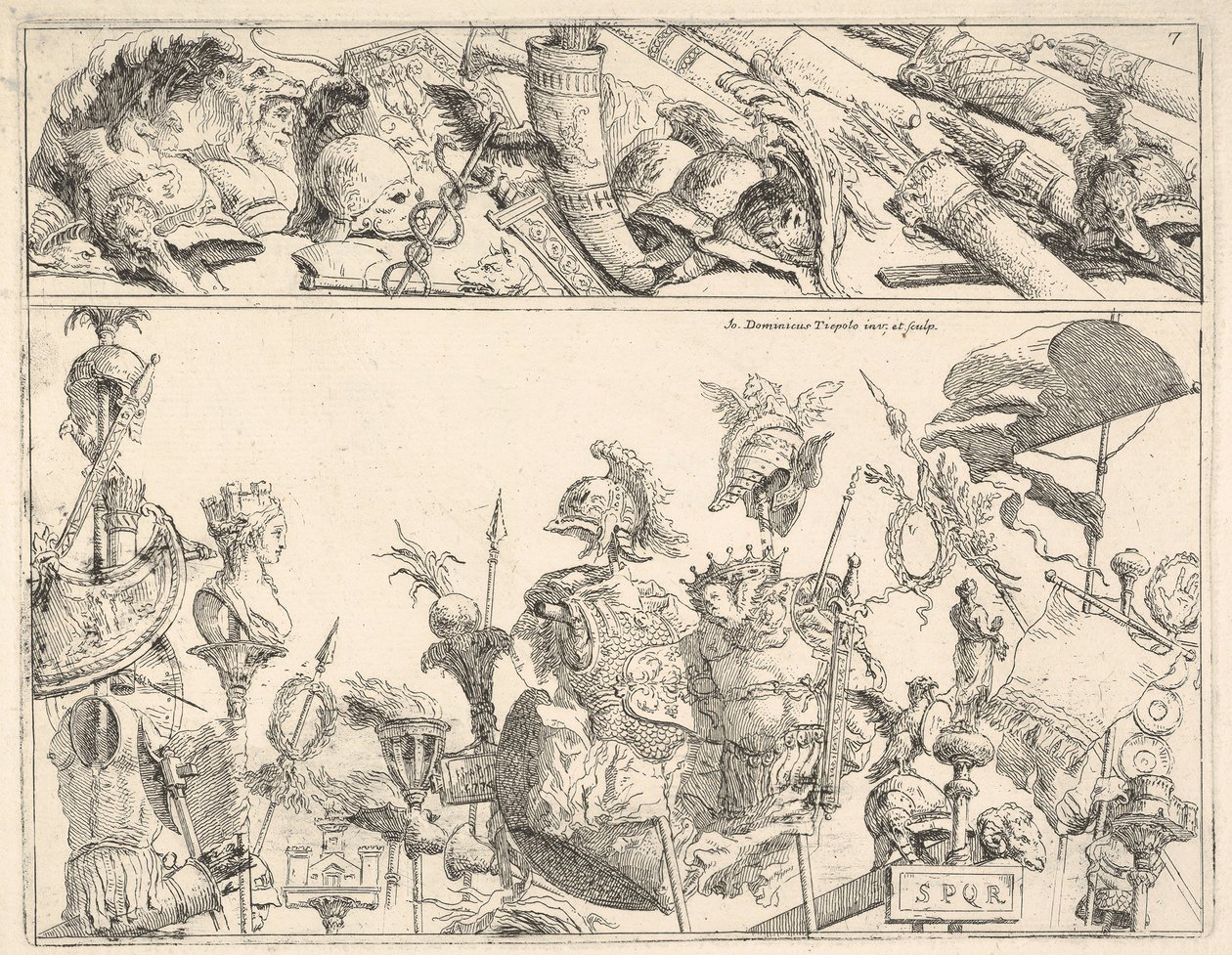 Roma silahları, standartları ve kupaları, iki yatay gruba bölünmüş bir kompozisyon, 1774. by Giovanni Battista Tiepolo