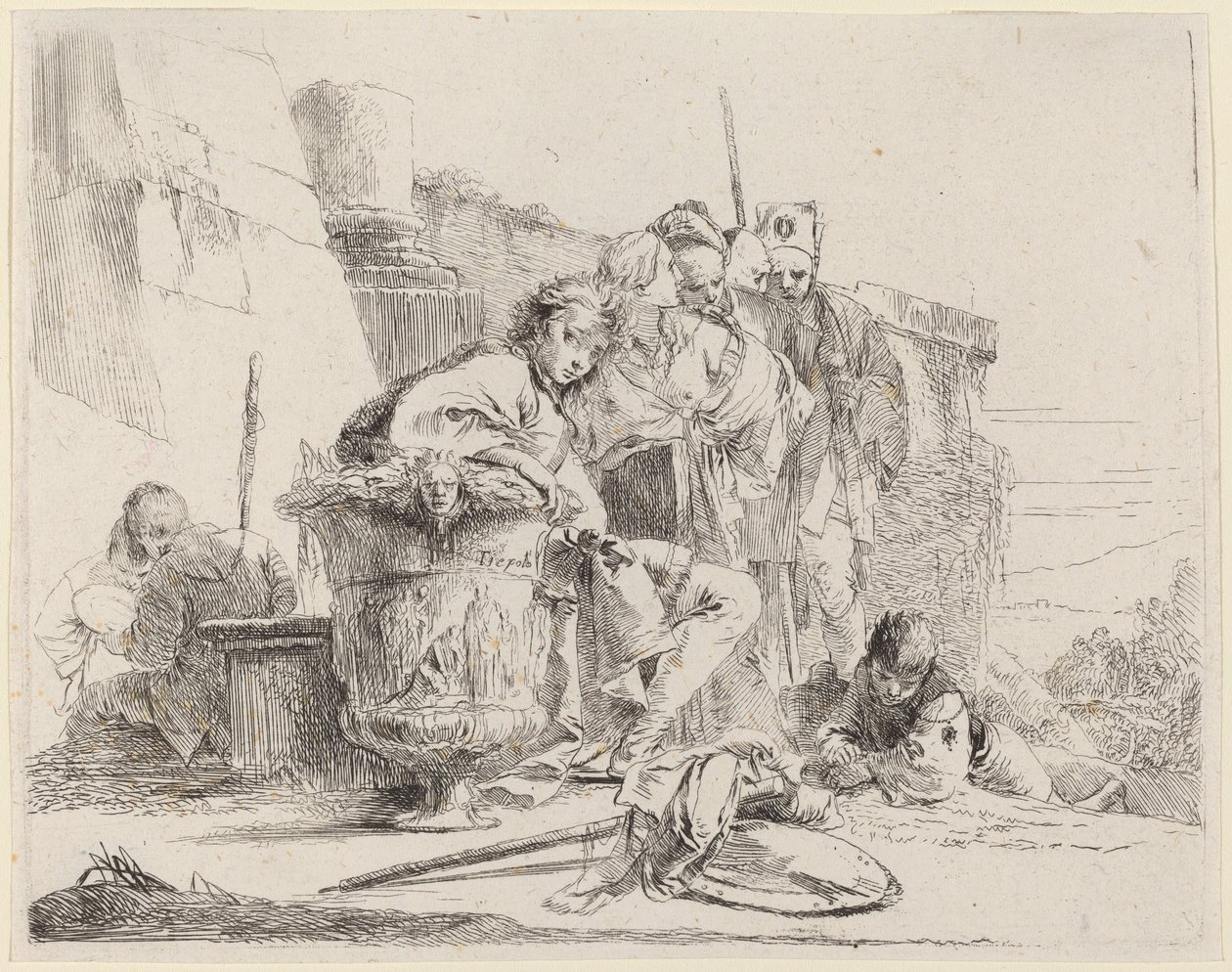 Oturan Genç Bir Vazoya Yaslanmış by Giovanni Battista Tiepolo