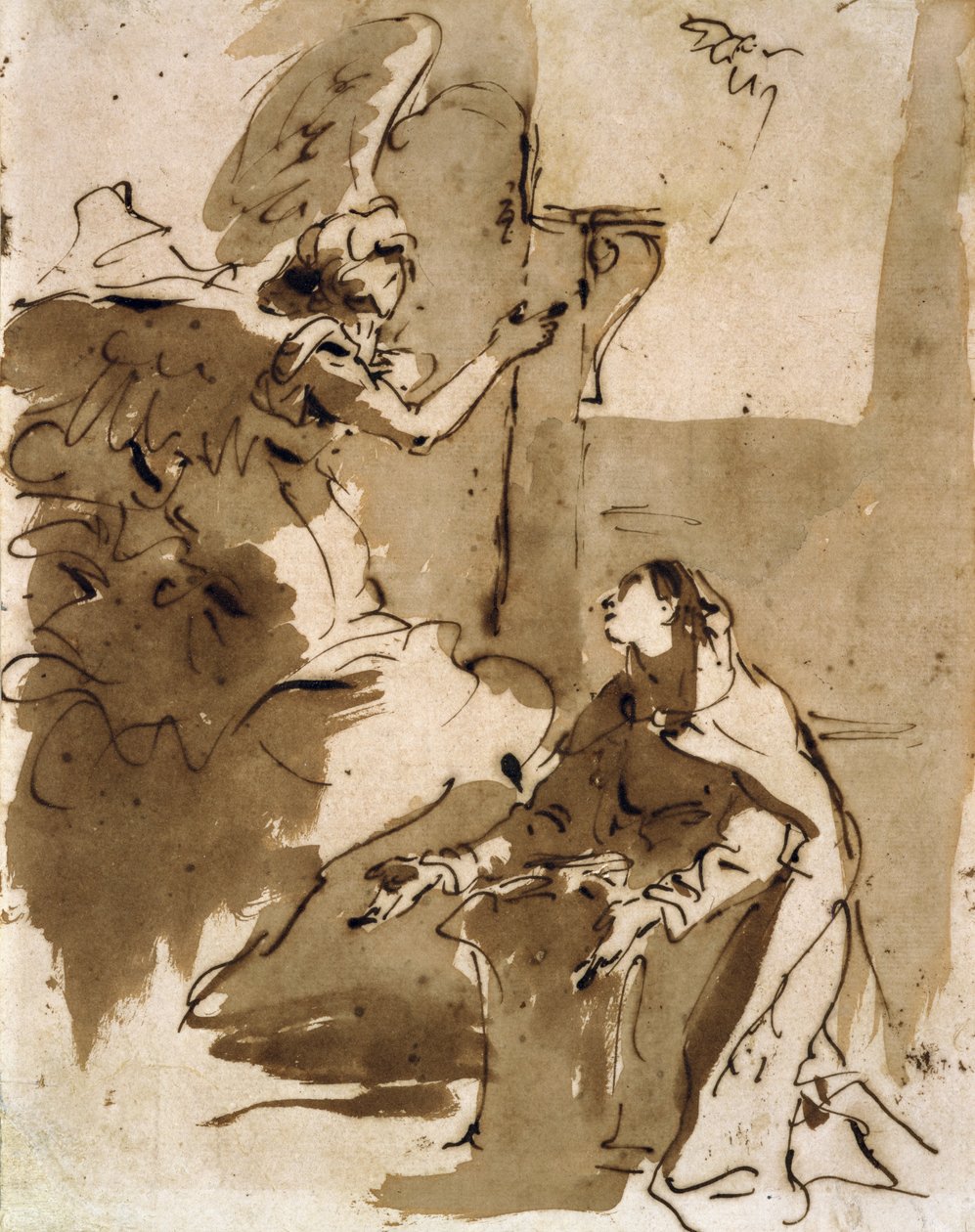 Müjde (kalem ve kahverengi mürekkep ve kağıt üzerinde kahverengi yıkama) by Giovanni Battista Tiepolo